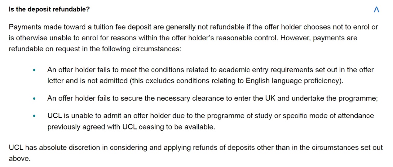 英国伦敦大学学院留位费/押金退费政策